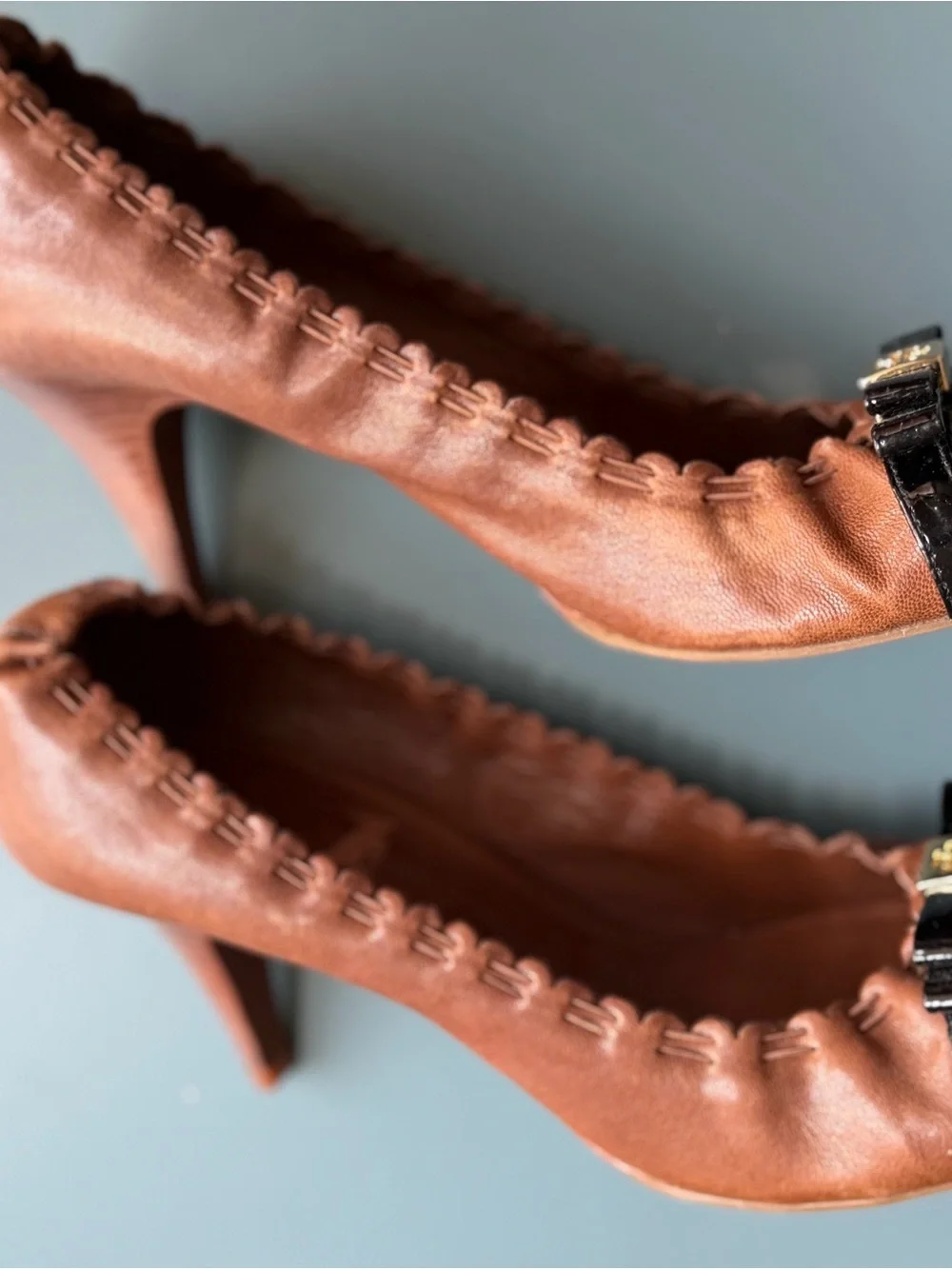 Tory Burch Brown Leather Heels with Black Patent Cap Toe
